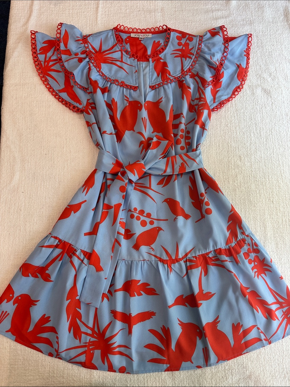 Joy Joy  Blue & Orange/Red Bird-Print Mini Dress Never worn